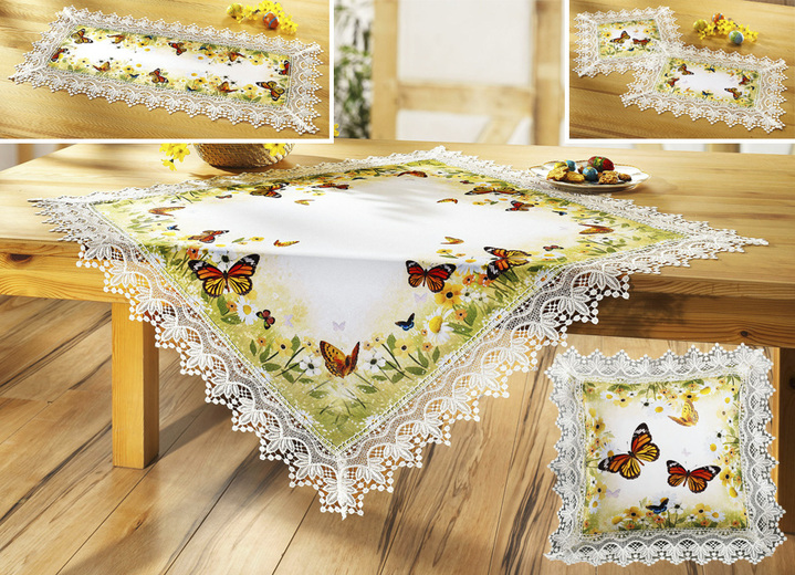 Tischdecken - Tisch- und Raumdekoration mit aufwendiger Spitze, in Größe 101 (Deckchen, 35x 50 cm) bis 404 (Kissenbezug, 40x 40 cm), in Farbe SEKT-BUNT