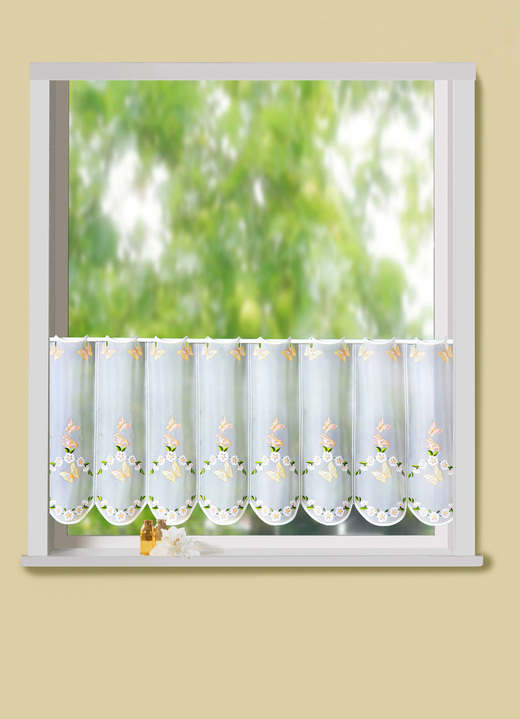 Tisch- & Fensterdekorationen - Kurzstore mit echter Plauener Stickerei , in Größe 661 (H30xB 95 cm) bis 876 (H50xB160 cm), in Farbe WEISS-BUNT Ansicht 1