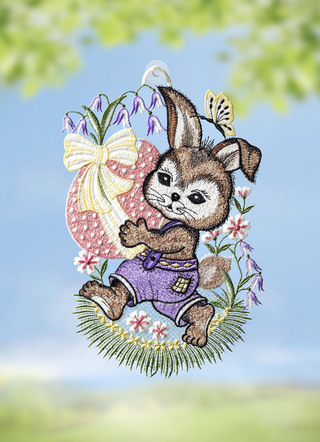 Fensterbild Osterhase mit Ei aus Plauener Spitze