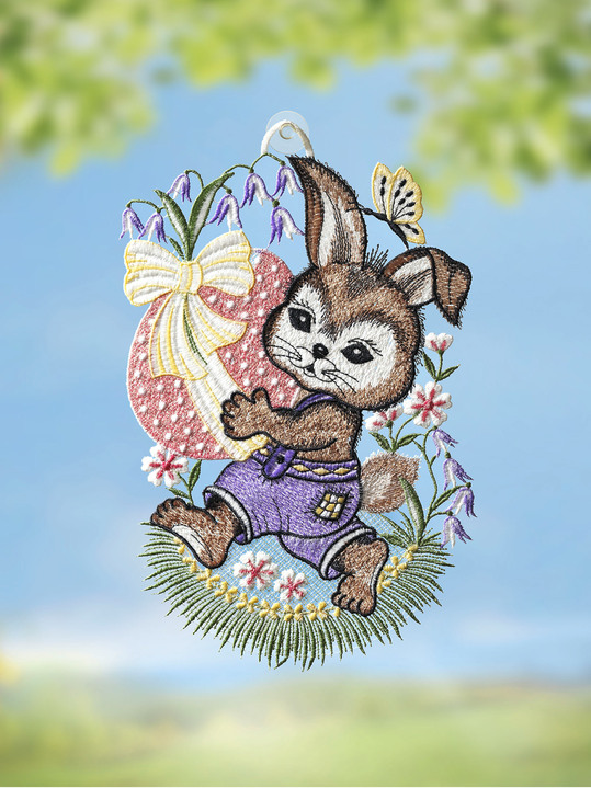 Fensterbilder - Fensterbild Osterhase mit Ei aus Plauener Spitze, in Farbe BUNT Ansicht 2