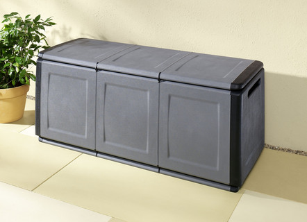 Gartenmöbel - Gartenboxen aus robustem Polypropylen – Farbe GRAU – Ansicht  Gartenmöbel - Gartenboxen aus robustem Polypropylen, in Farbe BEIGE, in Ausführung klein – Farbe GRAU – Ansicht