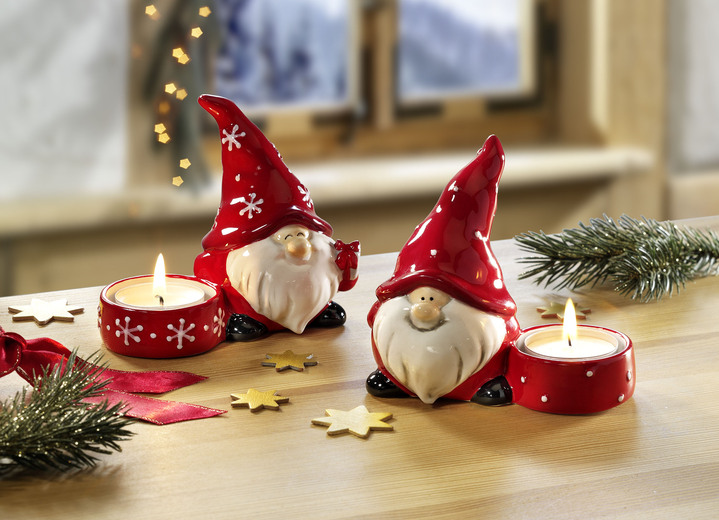 Weihnachtliche Dekorationen - Teelichthalter, 2er-Set aus Dolomit, in Farbe ROT-WEISS