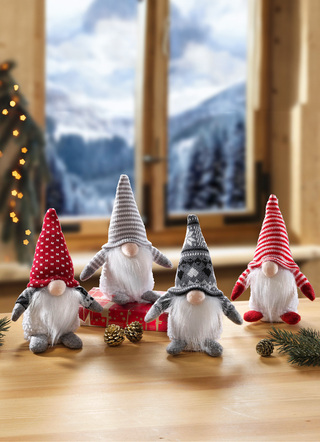 Weihnachtliche Dekorationen - Wichtel aus Baumwolle und Filz, 4er-Set, in Farbe ROT-GRAU-WEISS