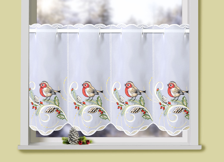 Kurzgardinen - Kurzstore mit echter Plauener Stickerei und Stangendurchzug, in Größe 822 (H35xB 80 cm) bis 862 (H55xB144 cm), in Farbe WEISS-BUNT Ansicht 2