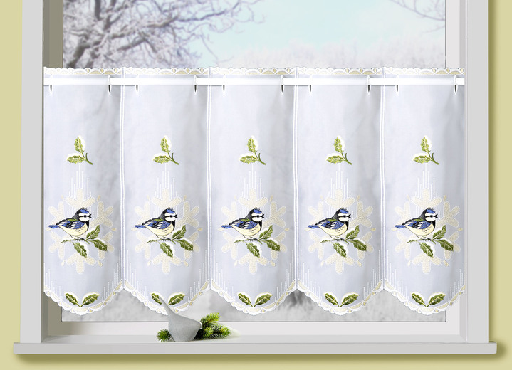 - Kurzstore Blaumeise mit Plauener Stickerei und Stangendurchzug, in Größe 788 (H40xB 95 cm) bis 792 (H40xB160 cm), in Farbe WEISS-BUNT Ansicht 2