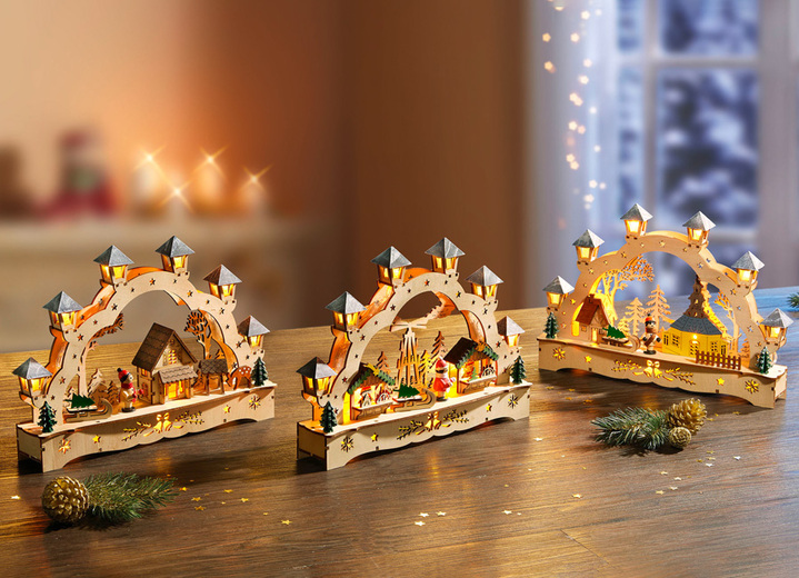 Weihnachtliche Dekorationen - Lichterbogen aus Holz Ansicht 2 Weihnachtliche Dekorationen - Lichterbogen aus Holz, in Farbe WEISS-BLAU, in Ausführung Weihnachtsmarkt Ansicht 2