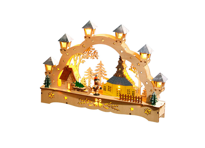 Weihnachtliche Dekorationen - Lichterbogen aus Holz, in Farbe WEISS-BLAU, in Ausführung Seiffener Kirche Ansicht 1