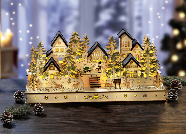 Weihnachtliche Dekorationen - Beleuchtetes Winterdorf aus Holz, in Farbe NATUR-GRÜN