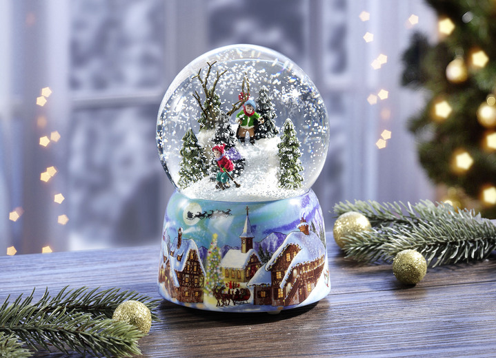Weihnachtliche Dekorationen - Schneekugel mit mechanischem Spielwerk, in Farbe BLAU-WEIß-ROT