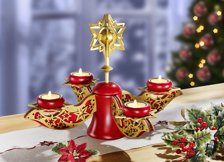 - Handgearbeiteter Adventsleuchter aus dem Erzgebirge, in Farbe ROT-GOLD Ansicht 1