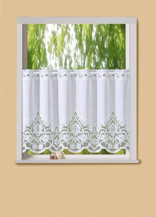 Kurzgardinen - Kurzstore Ornament mit Stangendurchzug, in Größe 788 (H45xB120 cm) bis 862 (H60xB150 cm), in Farbe WEISS