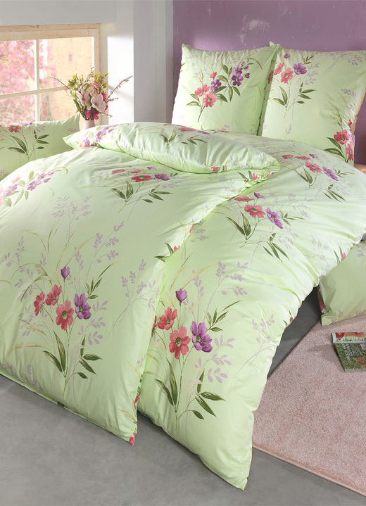 Bettwäschegarnituren - Bettwäsche-Garnitur in Soft-Renforcé Qualität von Florella, in Größe 111 (40x80 cm + 135x200 cm) bis 115 (80x80 cm + 155x220 cm), in Farbe GRÜN Ansicht 1