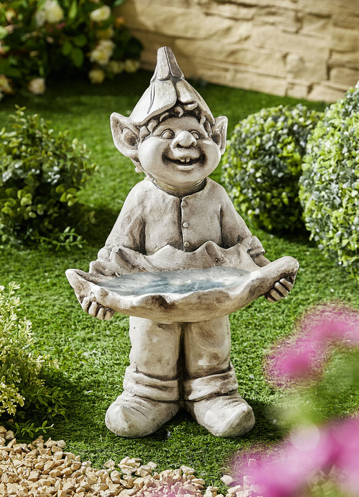 Garten - Wichtel mit Vogeltränke aus wetterfestem Polyresin, in Farbe STEINGRAU