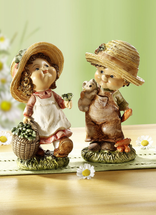 Figuren - Gartenkinder, 2er-Set, in Farbe BUNT, in Ausführung Junge mit Hase und Mädchen mit Blumenkorb Ansicht 1