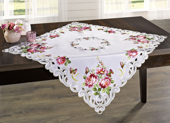 Tischdecken - Tisch- und Raumdekoration mit Rosen-Motiven, in Größe 101 (Deckchen oval, 35x 50 cm) bis 404 (Kissenbezug, 40x 40 cm), in Farbe SEKT-ROT-BUNT Ansicht 3