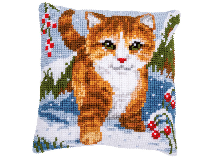 - Kreuzstichkissen mit Winter-Motiven, in Farbe BUNT, in Ausführung Stickkissen Katze im Schnee