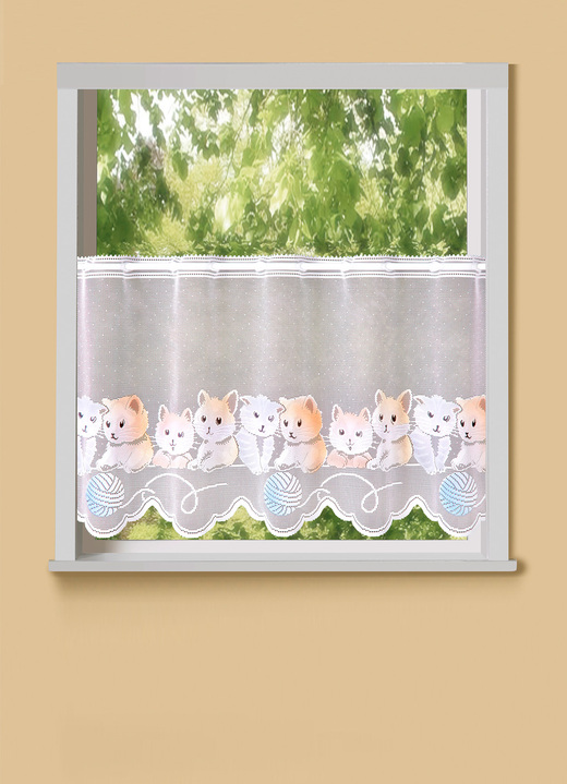 Kurzgardinen - Kurzstore mit Katzen-Motiv, in Größe 857 (H60xB117 cm) bis 858 (H60xB134 cm), in Farbe WEISS-BUNT