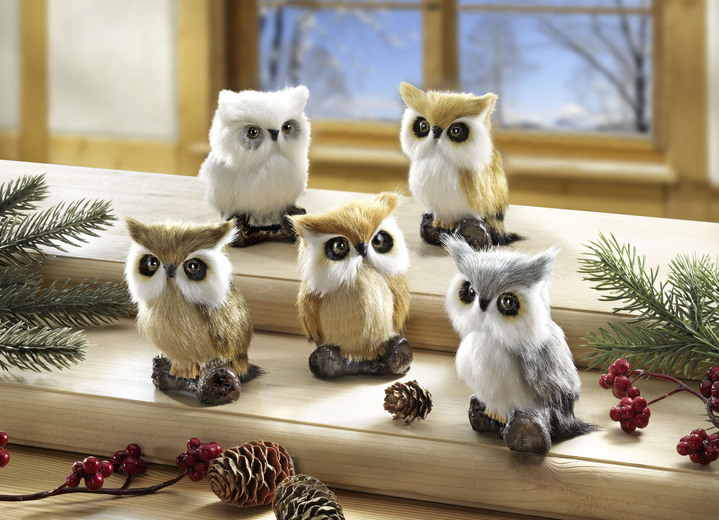Weihnachtliche Dekorationen - Eulen mit Kunstfell, 5er-Set, in Farbe BRAUN