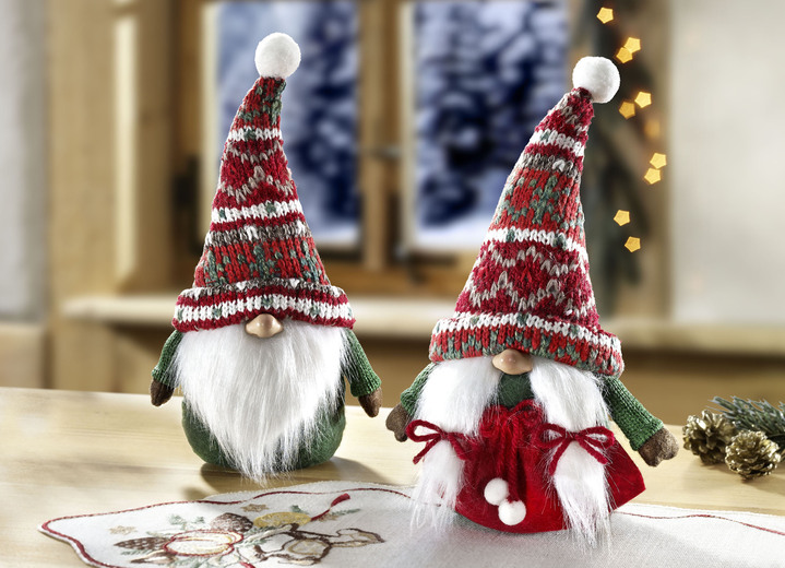 Weihnachtliche Dekorationen - Wichtel mit winterlichen Zipfelmützen, 2er-Set, in Farbe ROT-GRÜN-WEIß