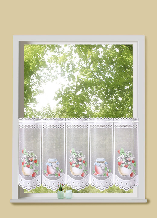 Kurzgardinen - Kurzstore mit Erdbeeren-Motiven, in Größe 786 (H45xB 84 cm) bis 861 (H60xB150 cm), in Farbe WEIß-BUNT