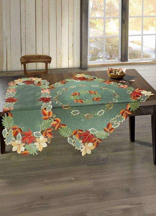 Tischdecken - Herbstliche Tisch- und Raumdekoration mit Blattmotiven, in Größe 101 (Deckchen, 35x 50 cm) bis 404 (Kissenbezug, 40x 40 cm), in Farbe WEISS-BUNT Ansicht 2