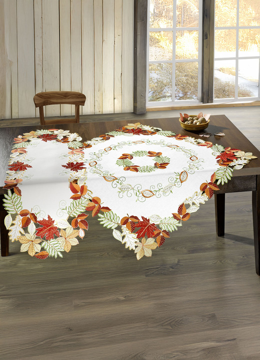 Tischdecken - Herbstliche Tisch- und Raumdekoration mit Blattmotiven, in Größe 101 (Deckchen, 35x 50 cm) bis 404 (Kissenbezug, 40x 40 cm), in Farbe WEISS-BUNT Ansicht 5