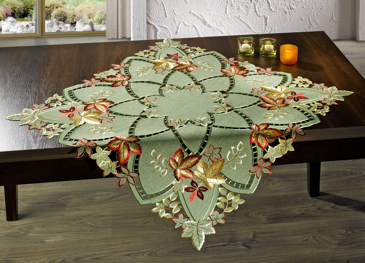 Tischdecken - Tisch- und Raumdekoration mit herbstlicher Stickerei, in Größe 101 (Deckchen, 35x 50 cm) bis 404 (Kissenbezug, 40x 40 cm), in Farbe GRÜN-BUNT Ansicht 2