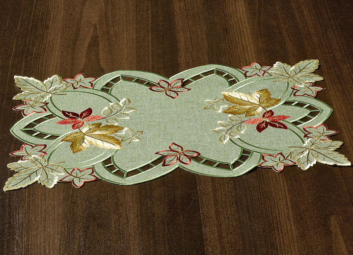 Tischdecken - Tisch- und Raumdekoration mit herbstlicher Stickerei, in Größe 101 (Deckchen, 35x 50 cm) bis 404 (Kissenbezug, 40x 40 cm), in Farbe GRÜN-BUNT Ansicht 1