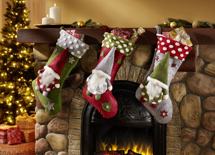 Weihnachtliche Dekorationen - Nikolausstiefel, 3er-Set, in Farbe GRÜN-ROT-GRAU