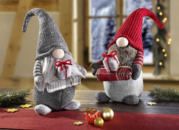 Weihnachtliche Dekorationen - Putzige Wichtel mit Zipfelmütze und Geschenken, in Farbe ROT-GRAU