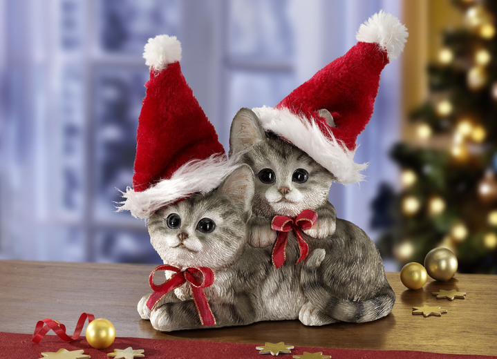 Weihnachtliche Dekorationen - Weihnachtskätzchen aus Polyresin, in Farbe GRAU-ROT