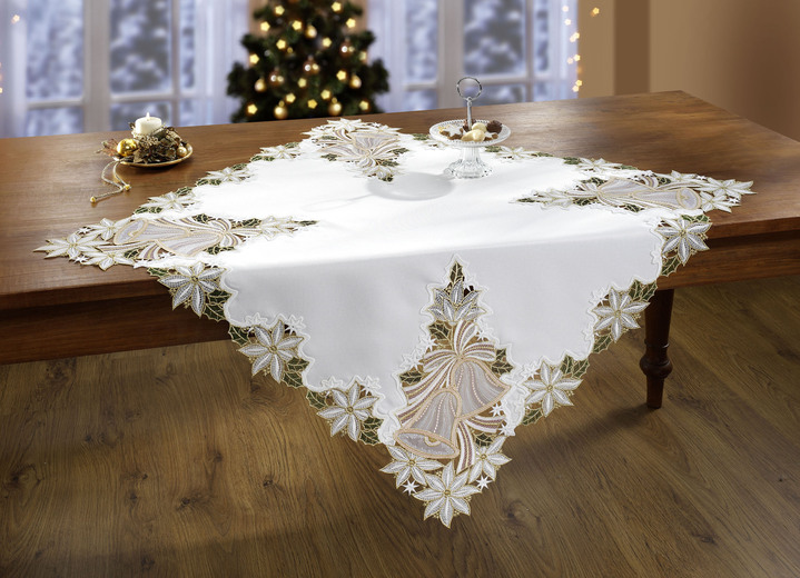 - Tischdekoration mit Organza-Einsätzen, in Größe 110 (Deckchen rund, ø 35 cm) bis 180 (Tischdecke, 86x 86 cm), in Farbe SEKT-GRÜN-ROT Ansicht 2