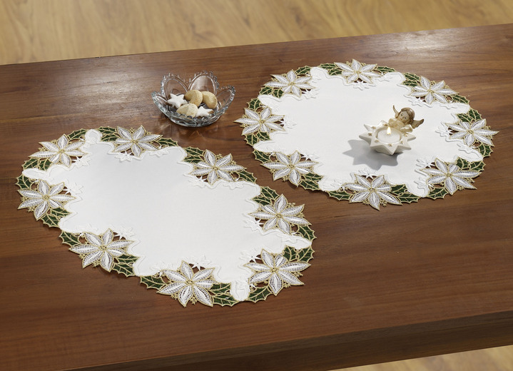 - Tischdekoration mit Organza-Einsätzen, in Größe 110 (Deckchen rund, ø 35 cm) bis 180 (Tischdecke, 86x 86 cm), in Farbe SEKT-GRÜN-ROT Ansicht 4