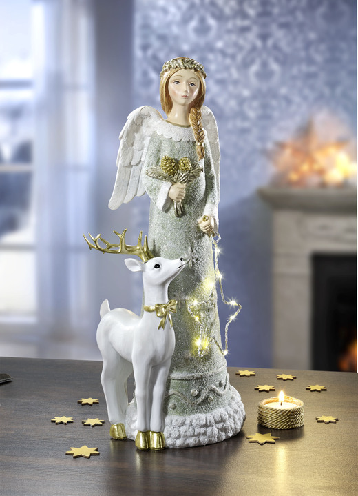 Weihnachtliche Dekorationen - Beleuchteter Engel mit Hirsch, in Farbe WEIß-GRAU