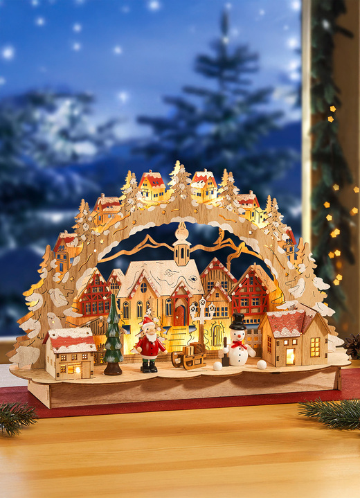 Weihnachtliche Dekorationen - Batteriebetriebener Schwibbogen aus Holz Ansicht 2 Weihnachtliche Dekorationen - Batteriebetriebener Schwibbogen aus Holz, in Farbe NATUR-ROT Ansicht 2