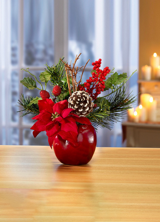 Gestecke & Kränze - Poinsettia-Gesteck in Apfeltopf, in Farbe ROT