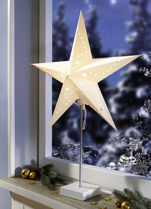 Weihnachtliche Dekorationen - Tischleuchte Stern aus Papier mit Metallfuß, in Farbe WEISS