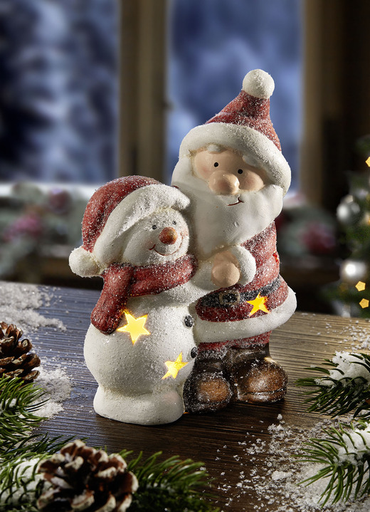 Weihnachtliche Dekorationen - Beleuchteter Weihnachts- und Schneemann aus Keramik, in Farbe WEIß-ROT