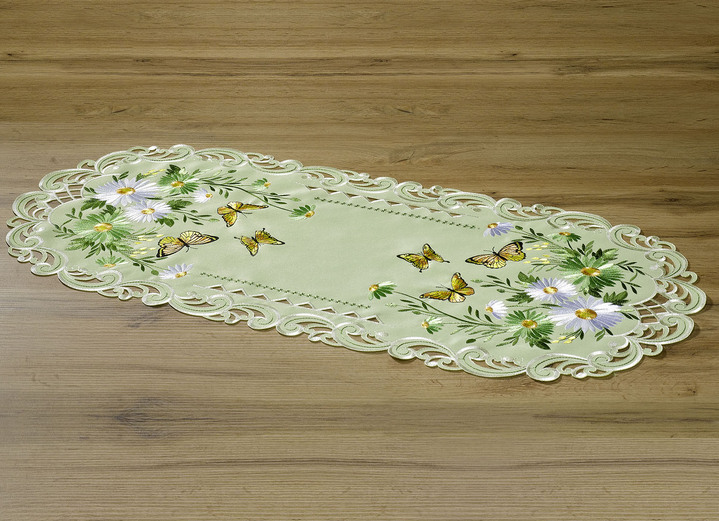 Tischdecken - Tisch- und Raumdekoration mit Blumen und Schmetterlingen, in Größe 101 (Deckchen oval, 35x 50 cm) bis 404 (Kissenbezug, 40x 40 cm), in Farbe GRÜN Ansicht 1