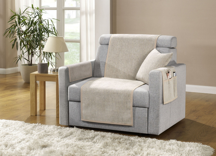 - Nicht rutschende Sessel-,Couch- und Armlehnenschoner mit Fleckschutz, in Größe 101 (Sesselschoner, 50x140 cm) bis 905 (Kissenhülle, 38x 38 cm), in Farbe NATUR