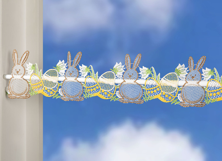 Kurzgardinen - Stangendeko Osterhasen aus Plauener Spitze, in Größe 628 (H12xB 42 cm) bis 660 (H12xB110 cm), in Farbe BUNT