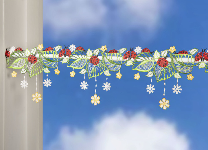 Plauener Spitze - Stangendeko mit Marienkäfer-Motiv, in Größe 628 (H14 cm x B48 cm) bis 660 (H14 cm x B112 cm), in Farbe FARBIG Ansicht 2