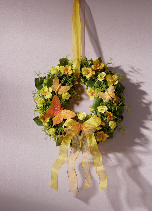 Kunst- & Textilpflanzen - Wandkranz mit Textilschleifenbändern, in Farbe GELB-ORANGE, in Ausführung Gelb-orange, mit Hortensienblüte