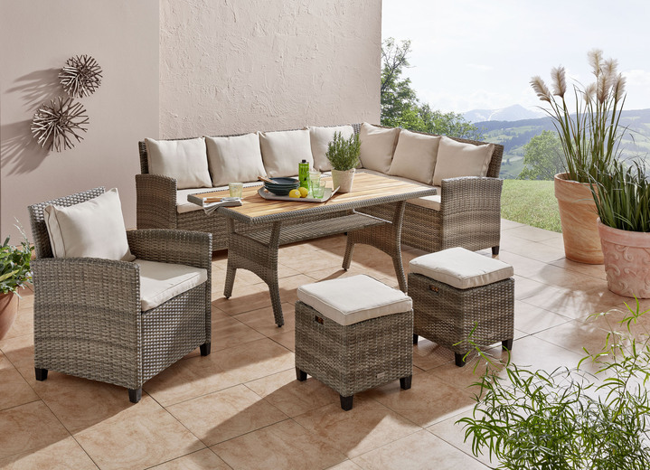 Garten - Lounge-Set Flair aus hochwertigen Materialien, in Farbe BEIGE, in Ausführung Lounge-Set mit brauner Holzplatte Ansicht 1
