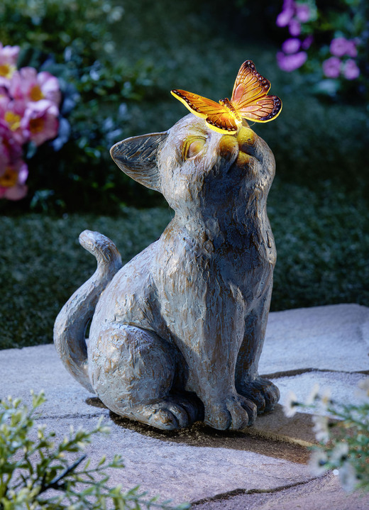 Gartenbeleuchtung - Katze mit LED-Schmetterling, in Farbe GRAU