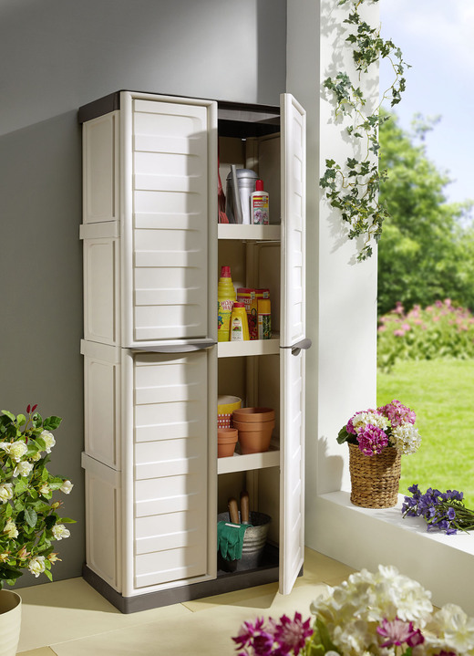 Gartenmöbel - Praktische Gartenschränke mit Stahlscharnieren, in Farbe BEIGE-TAUPE, in Ausführung Gartenschrank, groß, mit Besenfach Ansicht 1