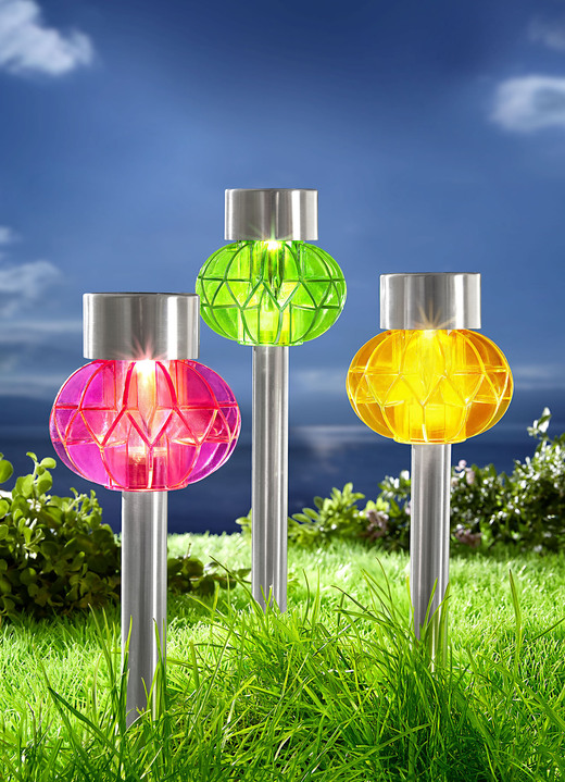 Gartenbeleuchtung - Farbenfrohe Solarleuchten aus wetterfestem Kunststoff, 3er-Set, in Farbe BUNT Ansicht 1