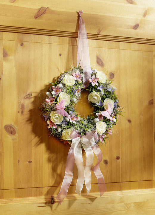 Wohnaccessoires & Dekoration - Wandkranz mit Ranunkeln und rosafarbenen Blüten, in Farbe GRÜN-WEISS