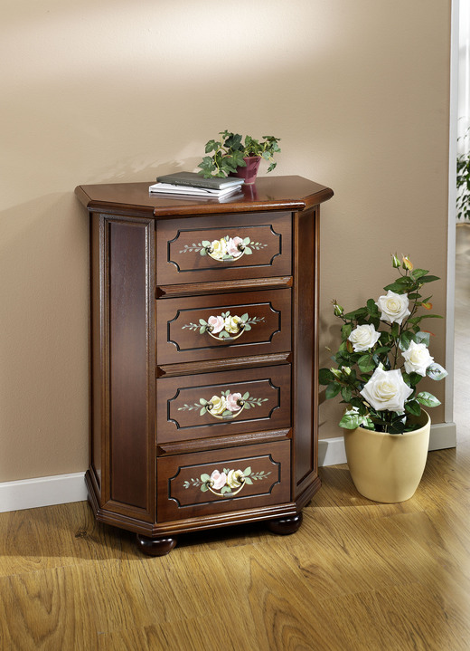Stilmöbel - Stilvolle Kommode mit handbemalter Blumendekoration, in Farbe NUSSBAUM, in Ausführung Schubladenkommode