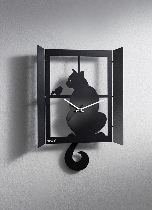 Uhren - Originelle Wanduhr mit Katzen-Motiv, in Farbe SCHWARZ